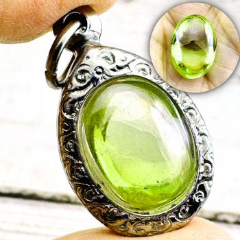 Leklai Naga Eye Crystal Magic Lucky Stone Oval Rich Win Green Thai Amulet #18454